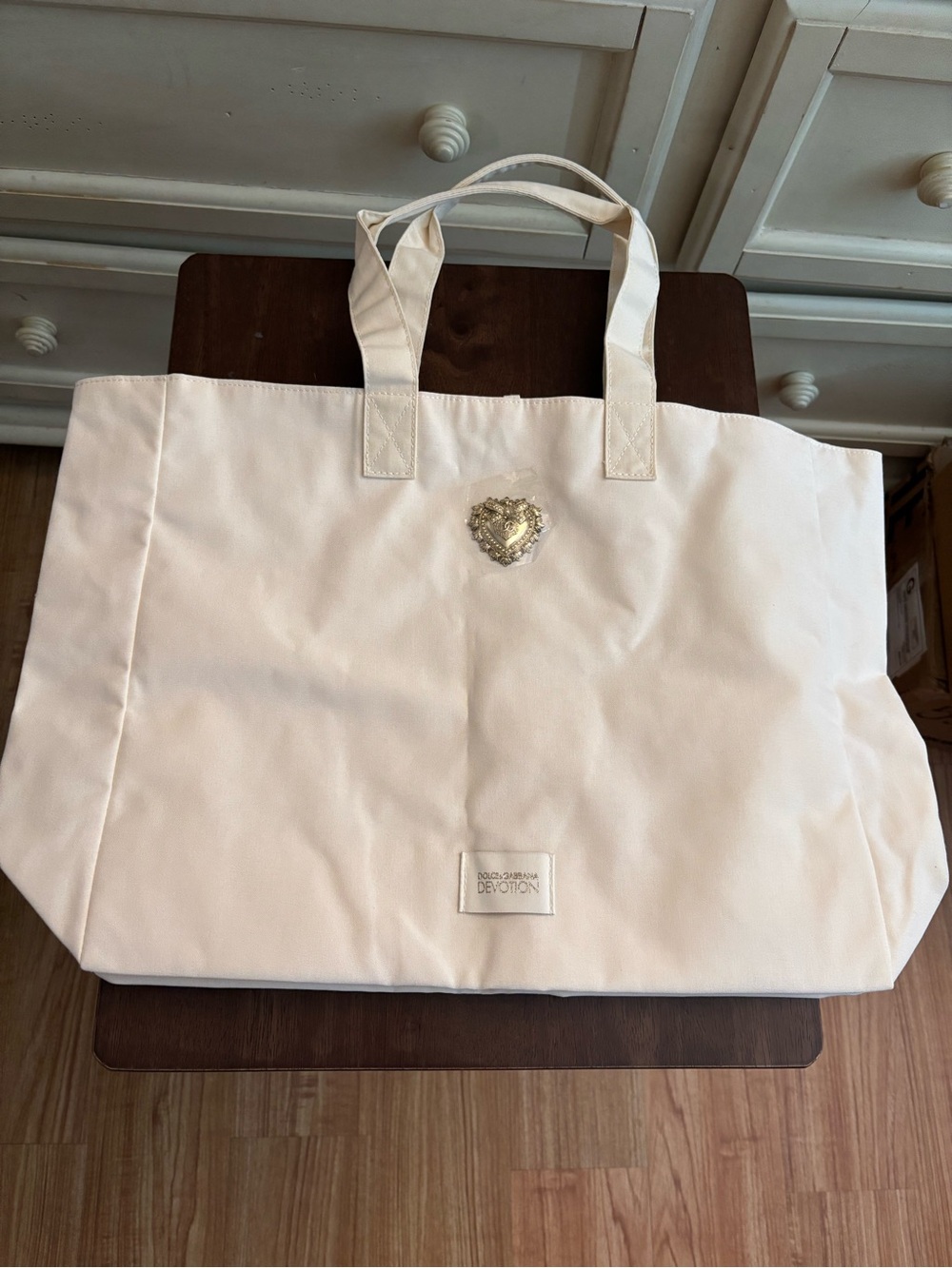 BN cream Canvas Tote Bag with Decorative Emblem